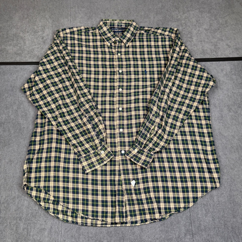 Vintage Polo Ralph Lauren Plaid Button Down Shirt XL Green Navy‎ Blue Yellow